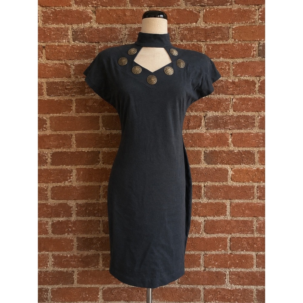 Vintage Black Mock Neck Cutout Medallion Bodycon Dress Shoulder Pads 90/80s Boho